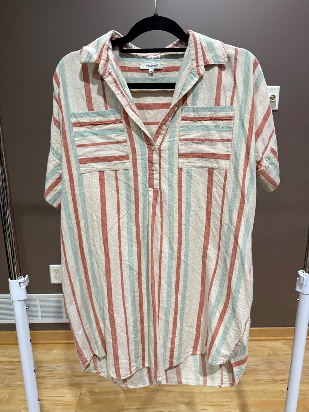 Madewell Courier Stripe Button-Front Short Sleeve Popover Dress